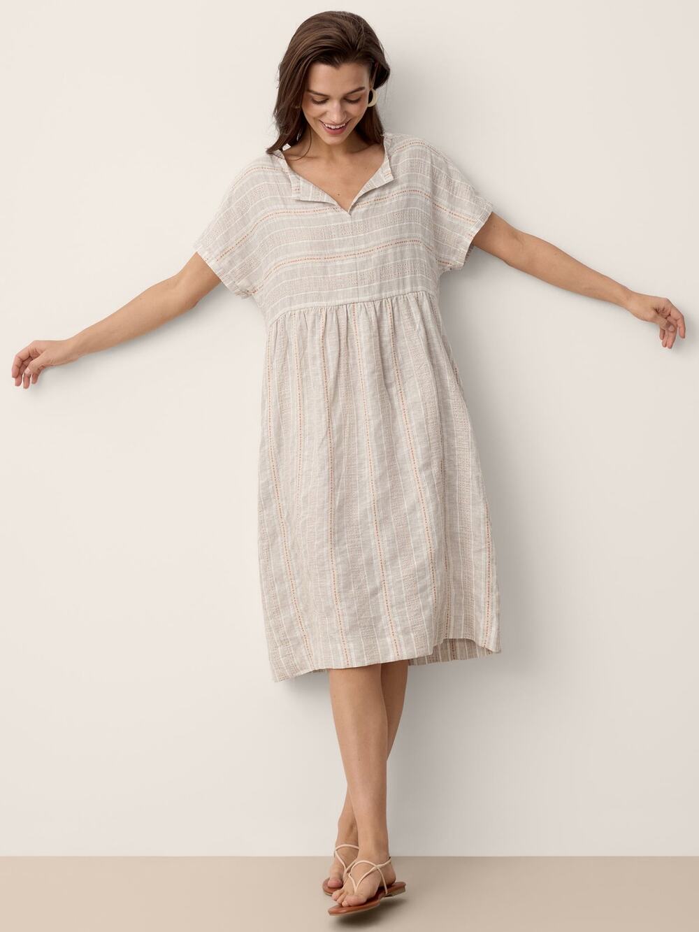 Lintico XL Haze Stripe Linen Cotton Split Neck Gathered Hem Shift Mini Dress NWT